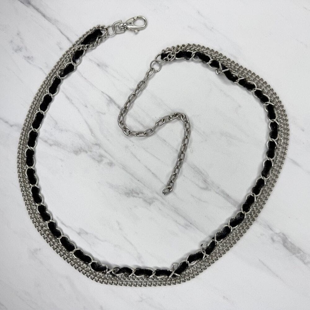 Draped Silver Tone Multi Strand Chain Belt Black Accent One Size (OS) ✨